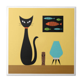 Mid Century Cat with Retro Fish on Yellow タイル