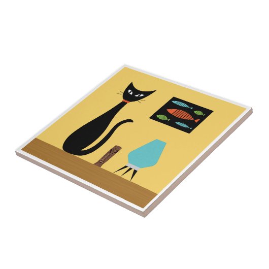 Mid Century Cat with Retro Fish on Yellow タイル (側面)