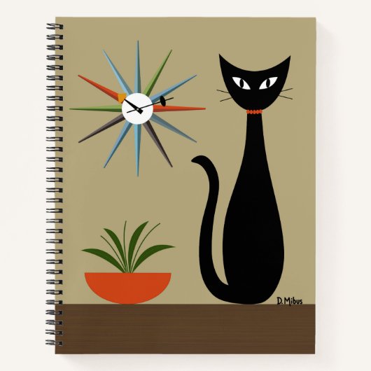 Mid Century Cat with Starburst Clock ノートブック (正面)