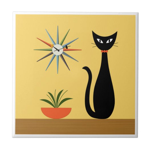 Mid Century Cat with Starburst Clock on Yellow タイル (正面)