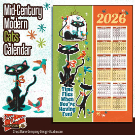 Mid-Century Cats Calendar Kitchen Towel Green/Rust キッチンタオル