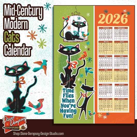 Mid-Century Cats Calendar Kitchen Towel Green/Rust キッチンタオル