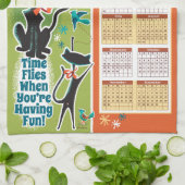 Mid-Century Cats Calendar Kitchen Towel Green/Rust キッチンタオル (折り畳み)