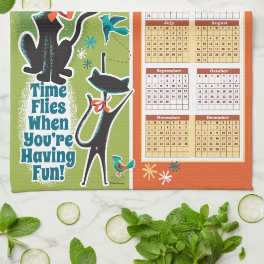 Mid-Century Cats Calendar Kitchen Towel Green/Rust キッチンタオル (折り畳み)
