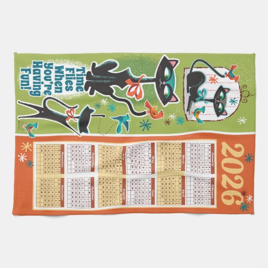 Mid-Century Cats Calendar Kitchen Towel Green/Rust キッチンタオル (横)