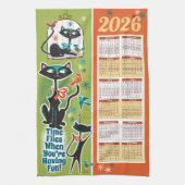 Mid-Century Cats Calendar Kitchen Towel Green/Rust キッチンタオル (縦)