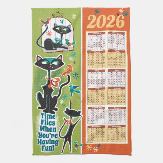 Mid-Century Cats Calendar Kitchen Towel Green/Rust キッチンタオル (縦)