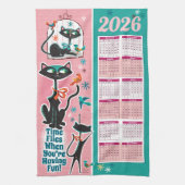 Mid-Century Cats Calendar Kitchen Towel Pink + Aqu キッチンタオル (縦)