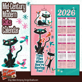 Mid-Century Cats Calendar Kitchen Towel Pink + Aqu キッチンタオル