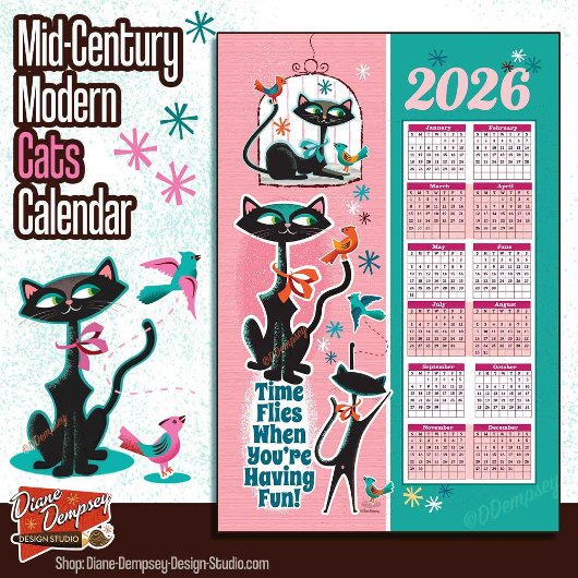 Mid-Century Cats Calendar Kitchen Towel Pink + Aqu キッチンタオル