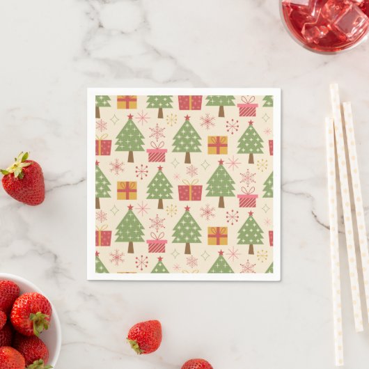 Mid Century Christmas Atomic Trees with Snowflakes スタンダードカクテルナプキン (インサイチュ)