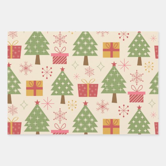 Mid Century Christmas Atomic Trees with Snowflakes ラッピングペーパーシート (正面)