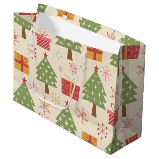 Mid Century Christmas Atomic Trees with Snowflakes ラージペーパーバッグ (正面アングル)