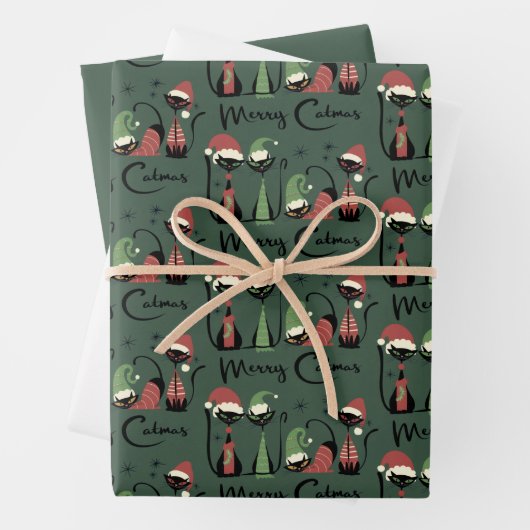 Mid Century Christmas Cats Atomic 50s Style ラッピングペーパーシート (インサイチュ)