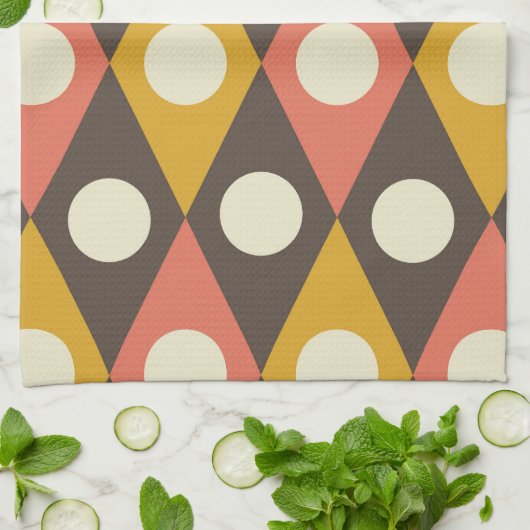 Mid Century Circles on Terracotta Mustard Diamonds キッチンタオル (折り畳み)