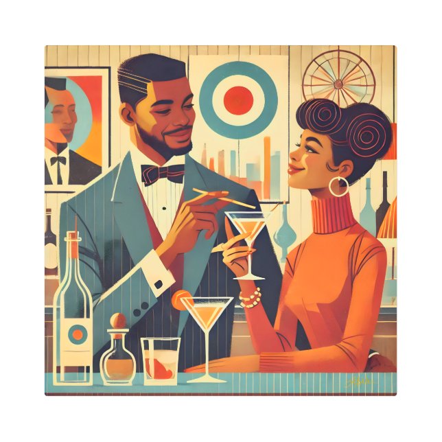 Mid Century Cocktail Party Couples - Soirée Hosts メタルプリント (正面)