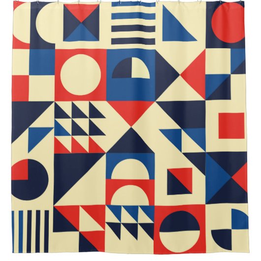 Mid-Century Geometric: ファンキーレトロパターン。 シャワーカーテン (正面)