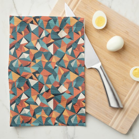 Mid-Century Geometric Teal & Orange Pattern キッチンタオル (四つ折り)