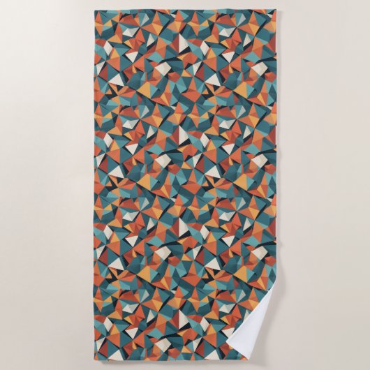 Mid-Century Geometric Teal & Orange Pattern ビーチタオル (正面)