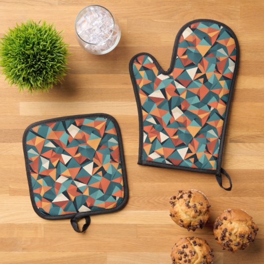 Mid-Century Geometric Teal & Orange Pattern 鍋つかみ&鍋敷きセット (トップダウン)