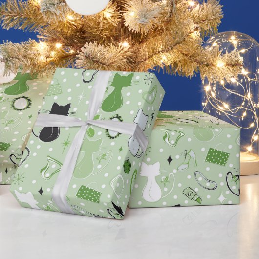 Mid Century Green Heart Cats ラッピングペーパー (クリスマス)