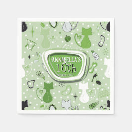 Mid Century Green Heart Cats Birthday  スタンダードカクテルナプキン