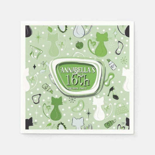 Mid Century Green Heart Cats Birthday スタンダードカクテルナプキン (正面)