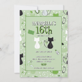 Mid Century Green Heart Cats Birthday Invitation 招待状