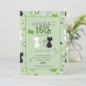 Mid Century Green Heart Cats Birthday Invitation 招待状 (スタンド正面)