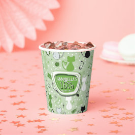 Mid Century Green Heart Cats Birthday Paper Cups 紙コップ