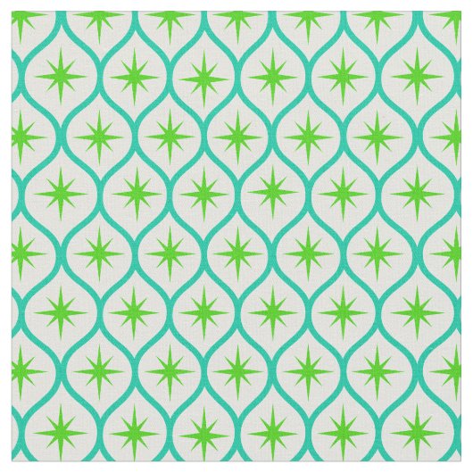 Mid Century Green Starbursts on teal Ovals Pattern ファブリック (クローズアップ)