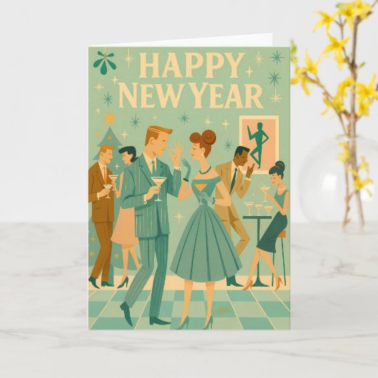 Mid Century Happy New Year The Martini Dance カード (黄色い花)