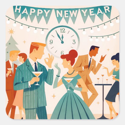 Mid Century Happy New Year The Martini Dance スクエアシール (正面)