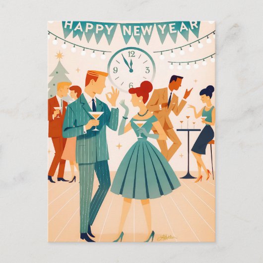 Mid Century Happy New Year The Martini Dance ポストカード (正面)