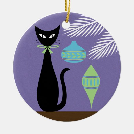 Mid Century Holiday Cat with Ornaments 2 セラミックオーナメント (正面)