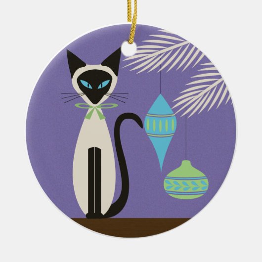 Mid Century Holiday Siamese Cat with Ornaments 2 セラミックオーナメント (正面)