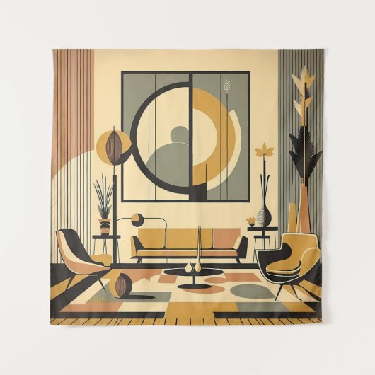 Mid Century Interior Design Autumn Hues Livingroom タペストリー (正面)