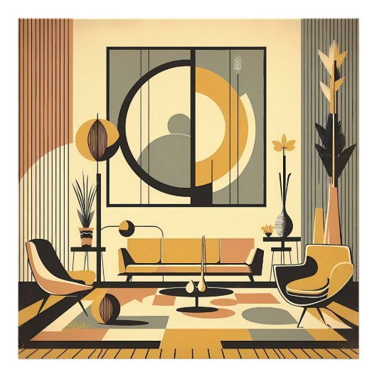 Mid Century Interior Design Autumn Hues Livingroom フォトプリント (正面)