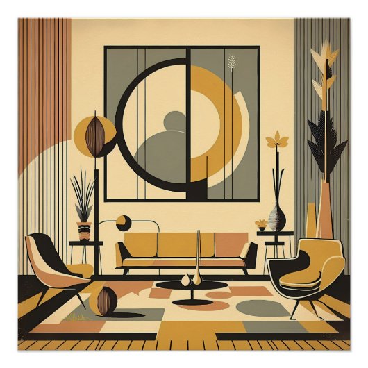 Mid Century Interior Design Autumn Hues Livingroom ポスター (正面)