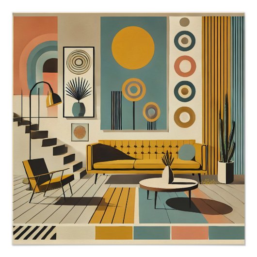 Mid Century Interior Design Desert Livingroom ポスター (正面)