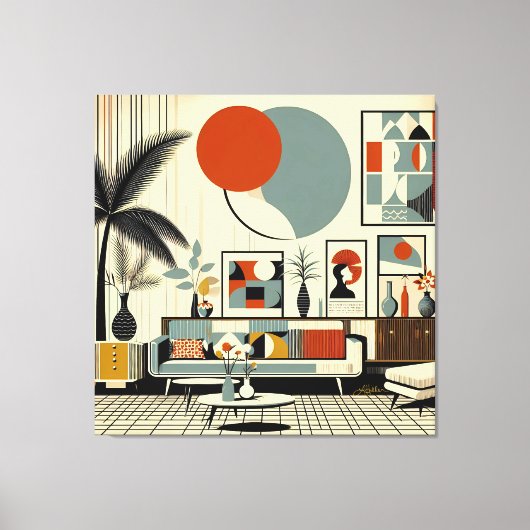 Mid Century Interior Design Eclipse Livingroom キャンバスプリント (正面)