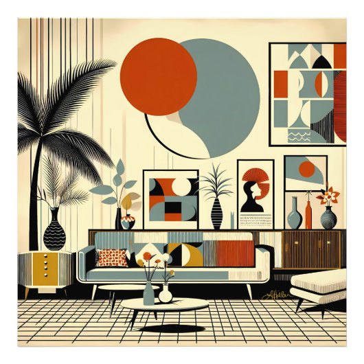 Mid Century Interior Design Eclipse Livingroom フォトプリント (正面)