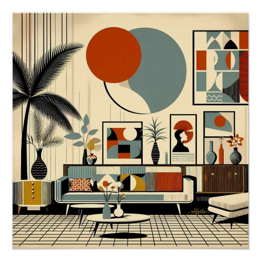 Mid Century Interior Design Eclipse Livingroom ポスター (正面)