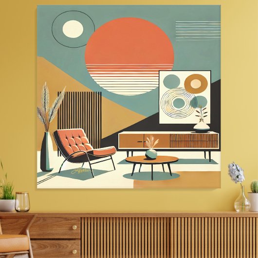 Mid Century Interior Design Sunrise Livingroom キャンバスプリント (インサイチュ (リビング))