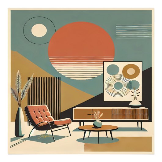 Mid Century Interior Design Sunrise Livingroom フォトプリント (正面)