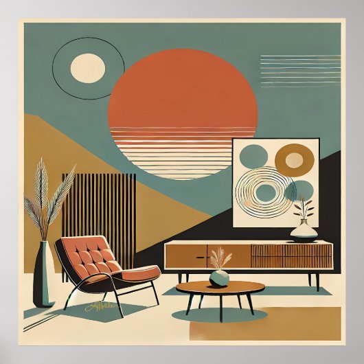 Mid Century Interior Design Sunrise Livingroom ポスター (正面)