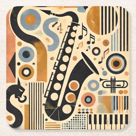 Mid Century Jazz Age Minimalist Art Saxophone スクエアペーパーコースター (正面)