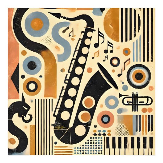 Mid Century Jazz Age Minimalist Art Saxophone フォトプリント (正面)