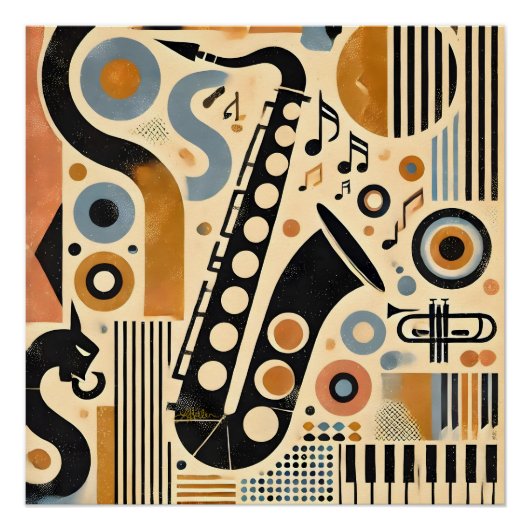 Mid Century Jazz Age Minimalist Art Saxophone ポスター (正面)