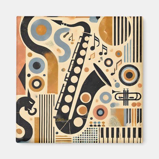 Mid Century Jazz Age Minimalist Art Saxophone マグネット (正面)